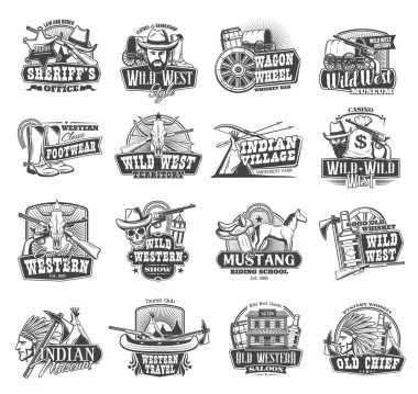 Vahşi batı vektör simgeleri, Amerikan batıdaki bar ve kovboy sembolleri. Texas Western Salonu, Hint Köyü, Mustang Rodeo Binicilik Okulu, Kumarhane ve Hırsız Haydut Tabancası
