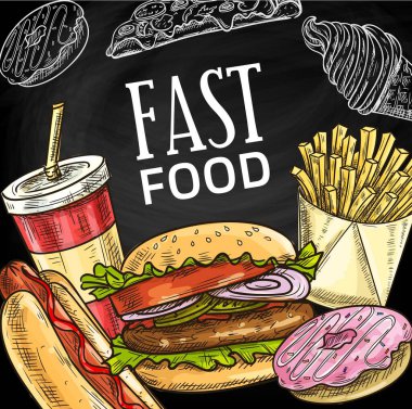 Fast food çizim posteri, fast food bistro burger, sandviç atıştırmalıkları ve tatlılar, paket servis ve servis vektör menüsü. Çizburger, hamburger, sosisli ve patates kızartması, dondurma, çörek ve pizza.