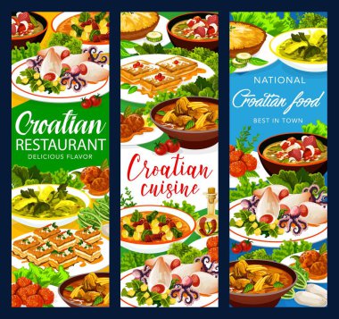 Hırvat mutfağı gıda taşıyıcı afişleri, otantik restoran yemekleri menüsü. Genç yeşillikli Hırvat çorbası, krep ve tatlı çörek, patates ve ıspanaklı mürekkep balığı, zagorsky strukli