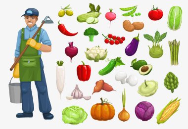 Çiftçi ve organik sebzeler çiftçilik ve tarım ikonları hasat ediyor. Biyolojik tarım ve doğal eko çiftlik sebzeleri domates, lahana ve soğan, balkabağı, mısır ve patlıcan, karnabahar ve brokoli.