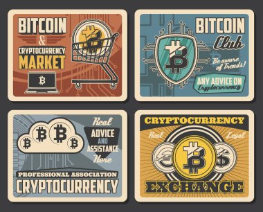 Bitcoin şifreleme ve dijital para piyasası, vektör vintage posterler. Bitcoin maden tüccarları kulübü, kripto döviz işlemleri ve döviz platformu, e-ticaret iş yardımı