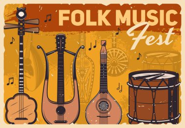 Folk müzik festivali, müzik enstrümanlı vektör retro klasik poster. Perküsyon davulları ve Japon şamisen, Yunan sitarı ve bandura, lir ve Asyalı dombra ile canlı halk konseri