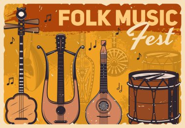 Folk music fest, vector retro vintage poster with musical instruments. Live folk concert with percussion drums and Japanese shamisen, Greek sitar and bandura, lyre and Asian dombra clipart