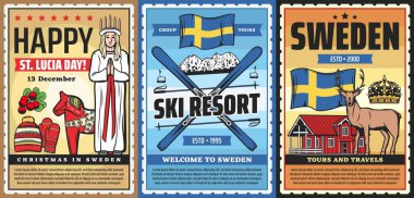 İsveç seyahat acentesi vektör retro posterleri, İskandinav turizmi, kültür ve ulusal gelenekler. İsveç 'e, kayak merkezine, Noel' e, Aziz Lucia Günü 'ne ve Stockholm şehir turlarına hoş geldiniz.