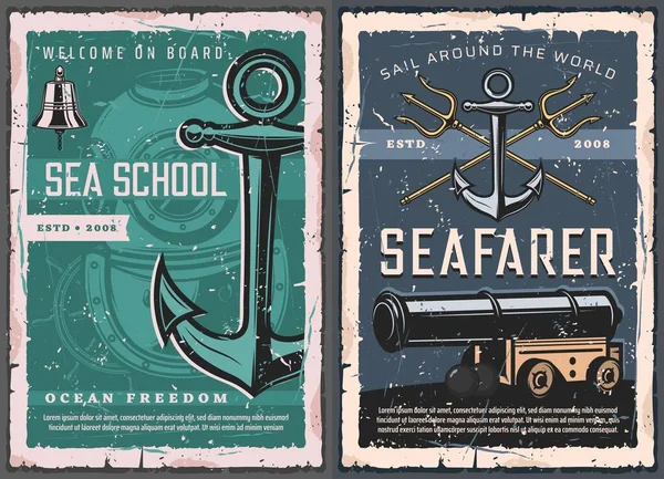 Marinho Náutico Vintage Retro Vector Posters Escola Marítima Capitães Marítimos — Vetor de Stock