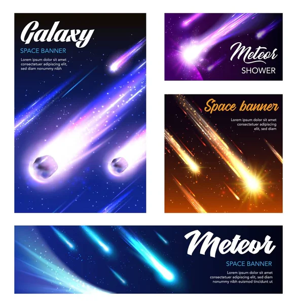 Sterrenbanners Vectorposters Meteorieten Asteroïden Vallen Met Fonkelend Neonlicht Ruimte Meteoren — Stockvector