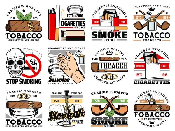 Cigares Cigarettes Icônes Tabac Magasin Enseigne Vectorielle Bar Salon Narguilé — Image vectorielle