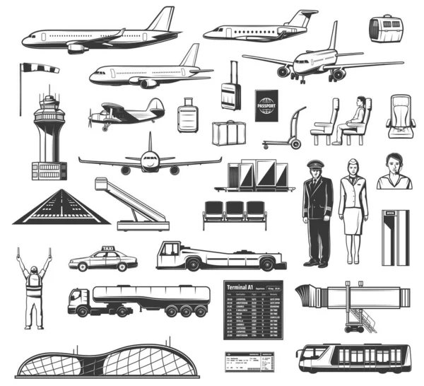 Авіаційні Векторні Значки Обладнання Аеропорту Персонал Авіакомпанії Квитки Літак Паспорт — стоковий вектор
