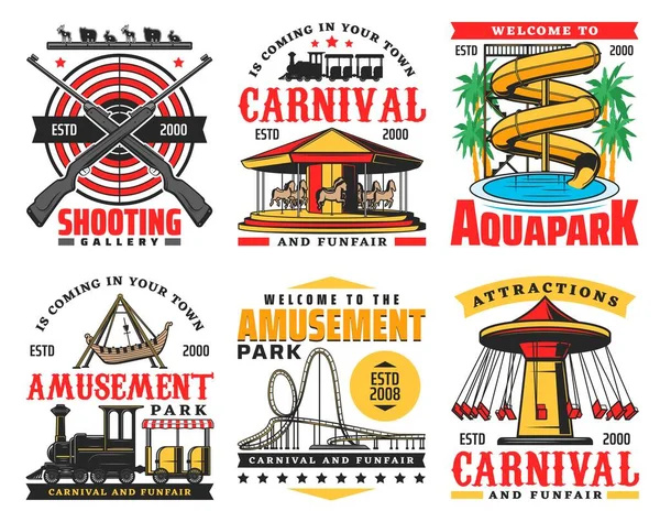 Pretpark Vector Iconen Kermis Carnaval Aquapark Familie Kinderen Entertainment Parken — Stockvector