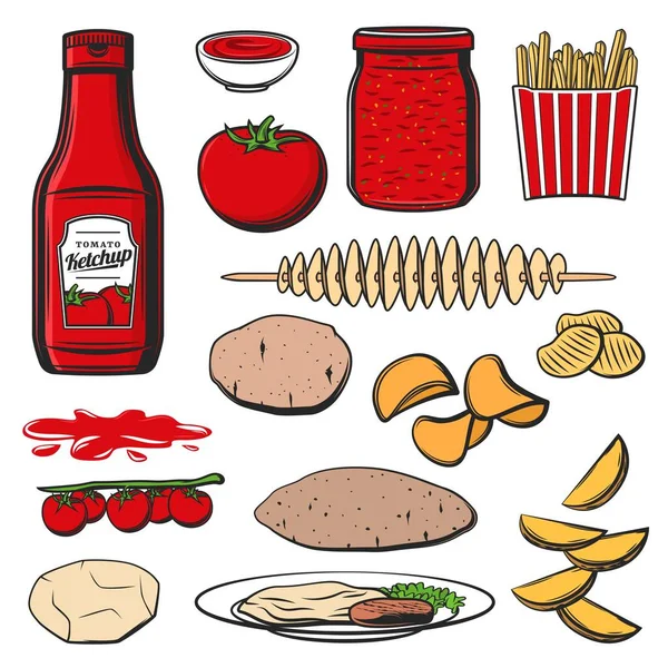 Ketchup Food Vector Icons Tomato Sauce Snacks Ketchup Bottle Dipping — Stock Vector