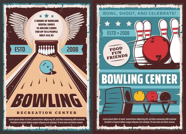 Bowling Center Vektor Retro Poster Unterhaltungsspiele Und Freizeitsport Bowlingball Und — Stockvektor
