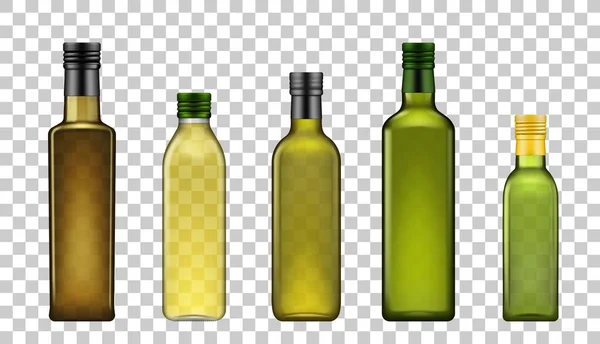 オリーブオイルボトル ベクトル現実的な3Dモデルブランクモックアップテンプレート キャップ スペイン語 イタリア語 ギリシャ語油とエキストラバージンオリーブまたはひまわり油ガラス瓶 — ストックベクタ