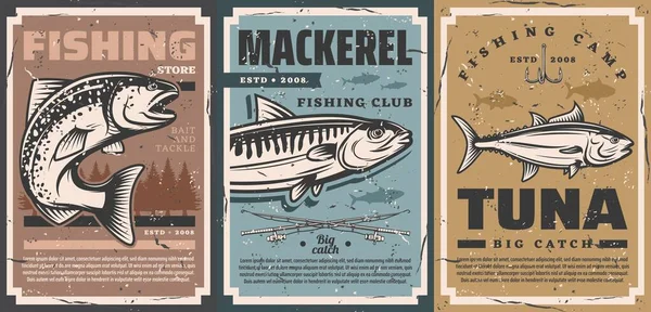 Clube Acampamento Pesca Pescador Loja Equipamentos Vetor Vintage Retro Cartazes — Vetor de Stock