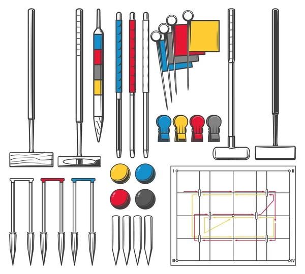 Croquet Game Apparatuur Vector Pictogrammen Croquet Sport Club Team Accessoire — Stockvector