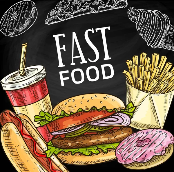 Plakat Szkicowy Fast Food Fast Food Bistro Burger Kanapki Przekąskami — Wektor stockowy