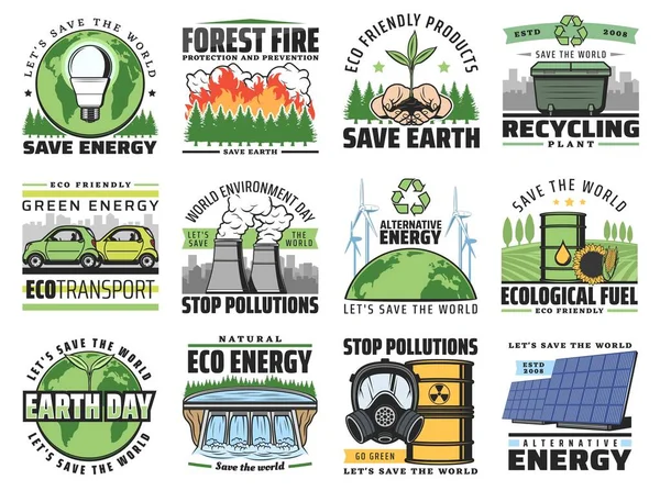 Earth Stop Pollution Nature Environment Conservation Vector Icons Alternative Green — Stock Vector