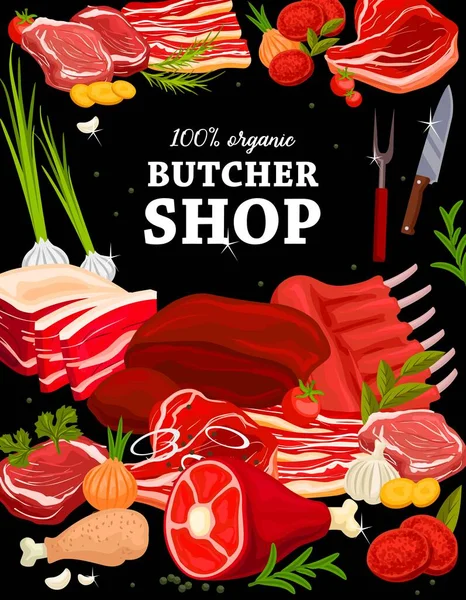 Boucherie Alimentaire Viande Affiche Vectorielle Produits Charcuterie Gastronomique Ferme Boucherie — Image vectorielle