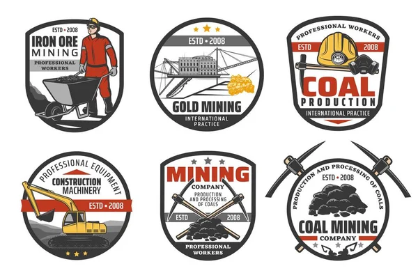 Mining industry, coal mine machinery and equipment, vector company icons. Metal iron ore and fossil coal extraction, excavator digger and bulldozer, miner jackhammer, safety hardhat and pickax