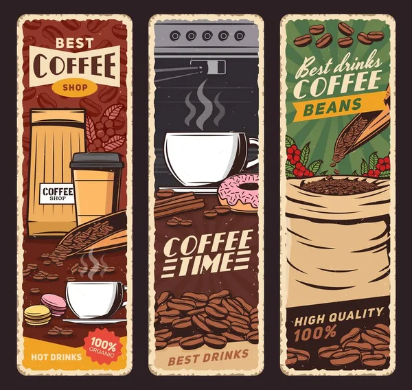 Coffee Shop Vector Vintage Banner Cafeteria Und Cafékarte Kaffeemaschine Und — Stockvektor