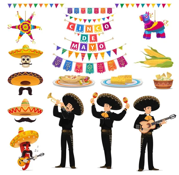 Cinco Mayo Fiesta Vector Food Músico Sombreros Pinatas Guacamole Enchiladas — Vetor de Stock