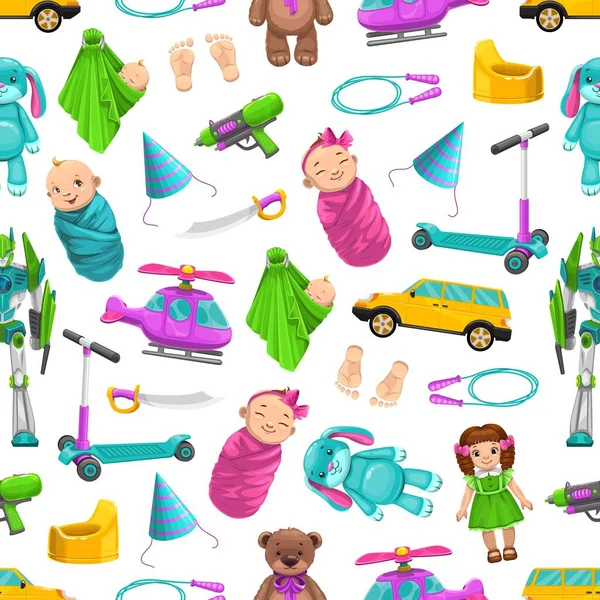 新生児のおもちゃ ベクトルシームレスなパターンの背景 男の子と女の子赤ちゃんでスワドル 足のプリント 人形と車 ヘリコプターとロボット 誕生日キャップとぬいぐるみシームレスパターン — ストックベクタ
