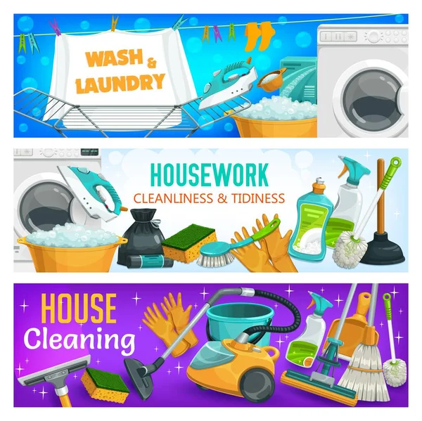 House Cleaning Laundry Home Washing Vector Housework Banners Vacuum Cleaner — Stock Vector