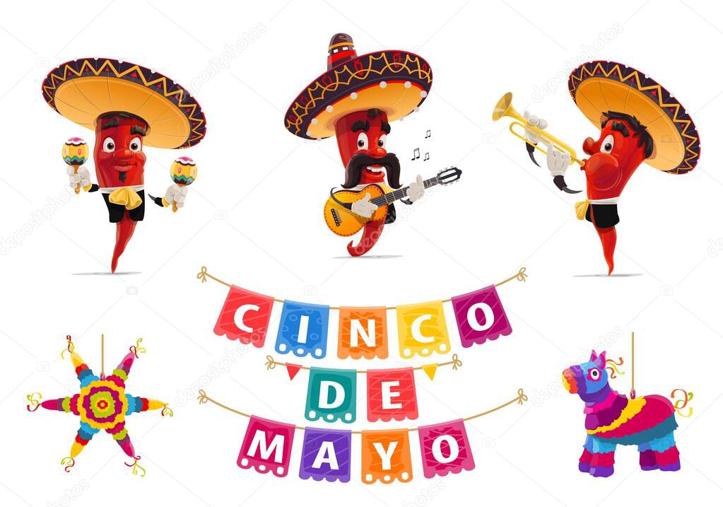 Cinco de Mayo holiday jalapeno pepper musicians, pinata and papel picado flags, vector Mexican fiesta. Red pepper in sombrero hats, maracas, mariachi musician guitar and trumpet, carnival festive