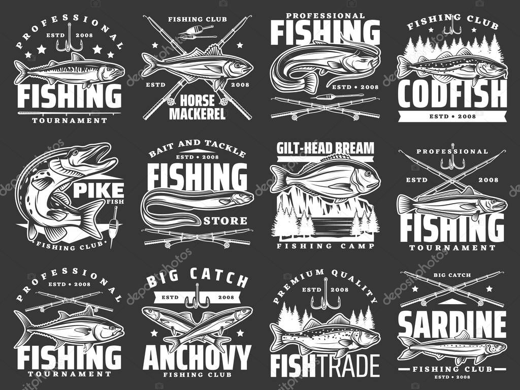 Fishing club badges, big fish catch tournaments and fishery market vector icons. Fisherman rod, hook and lures for river pike, ocean horse mackerel, tuna and bream, sardine and anchovy fishing