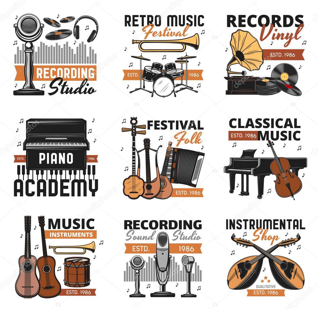 Music instrument sand vinyl records shop, vector icons. Folk and classic orchestra music festival, sound recording studio label, piano play school and instrumental music store signs,