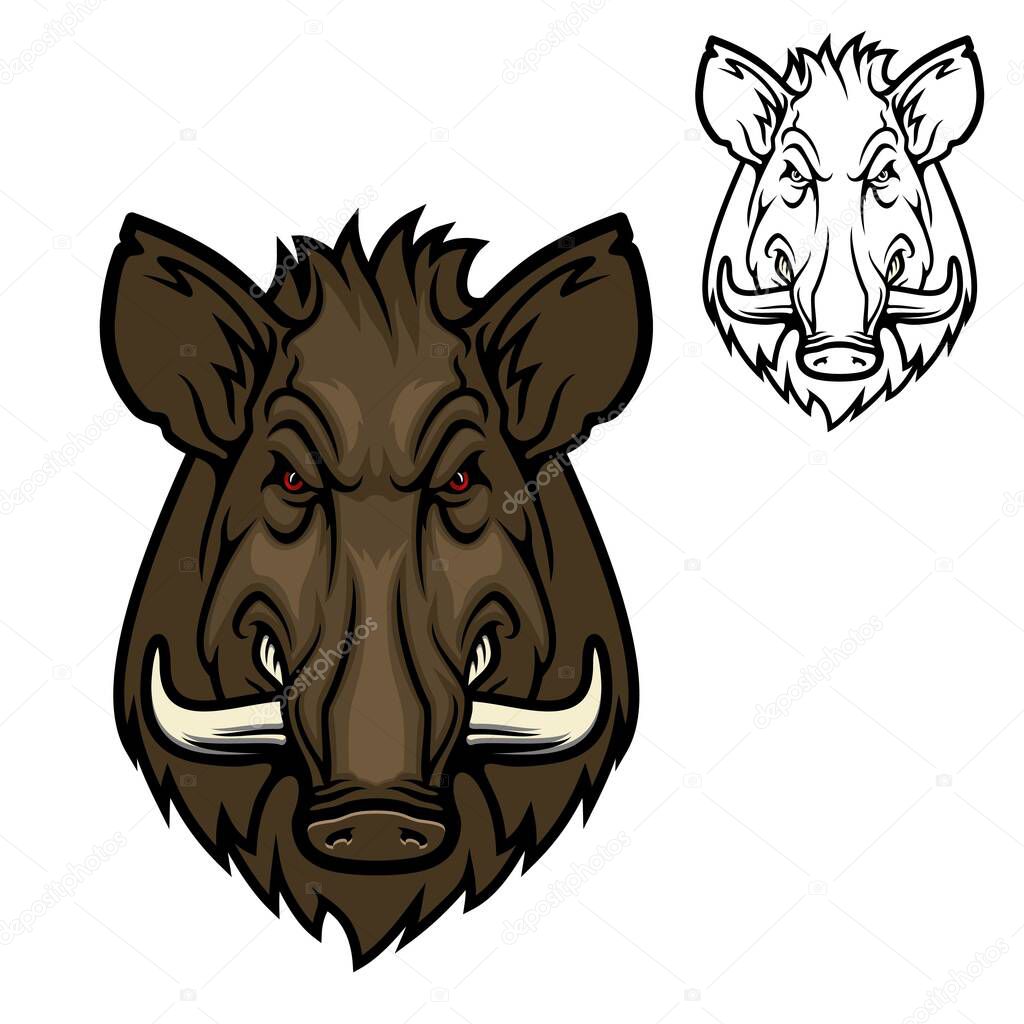 Boar hog wild animal muzzle, vector hunter club icon. Hunting sport and outdoor safari adventure, angry wild pig swine with tusk symbol