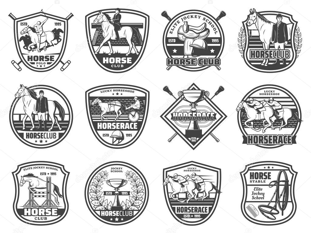 Equestrian sport, horse races and polo club, vector badges and emblems. Equine racing and jockey rider equipment, harness and saddle, whip and championship victory cup