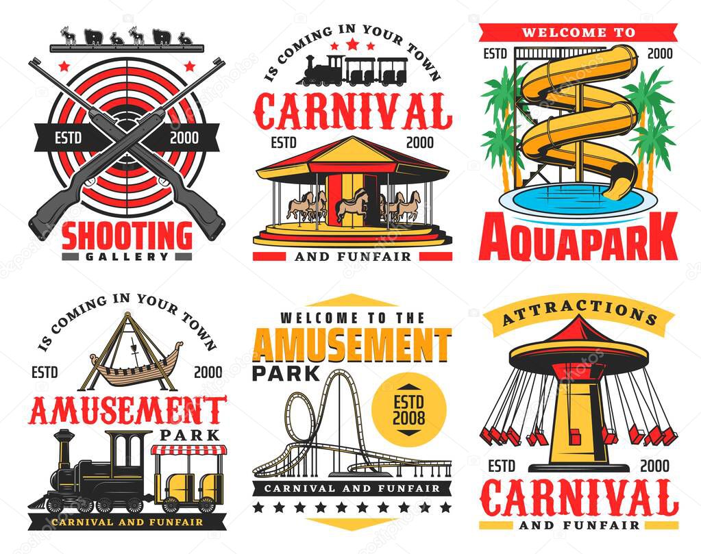 Amusement park vector icons, funfair carnival and aquapark. Family and kids entertainment parks signs of fun shooting gallery, water slides and roller coaster rides