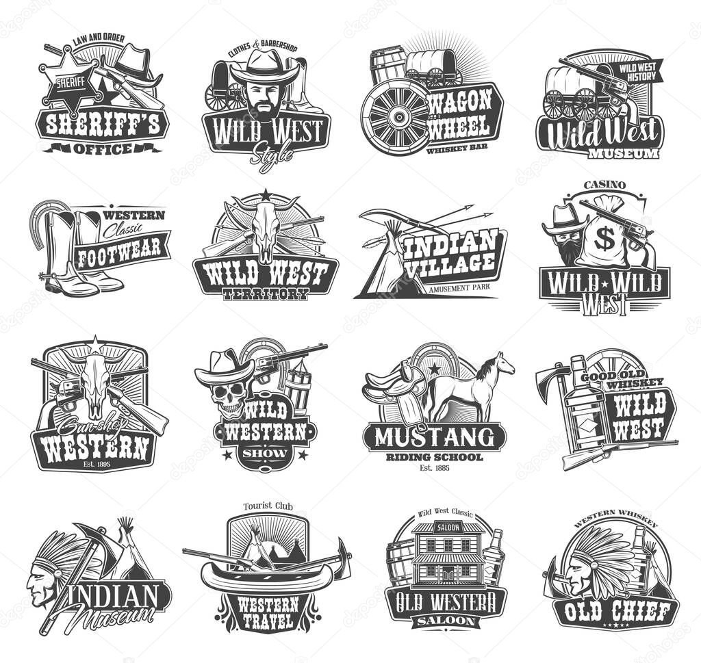 Wild West vector icons, American Western saloon and cowboy symbols. Texas western saloon, Indian village, mustang rodeo riding school, casino and robber bandit revolver