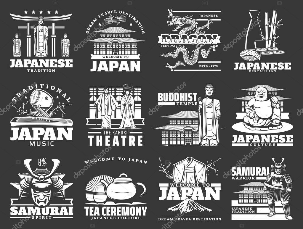 Welcome to Japan, vector travel icons of Japanese tourism to culture traditions and landmarks. Japan Tokyo Fuji mount, kabuki theater kimono and samurai, Japanese music instruments and tea ceremony