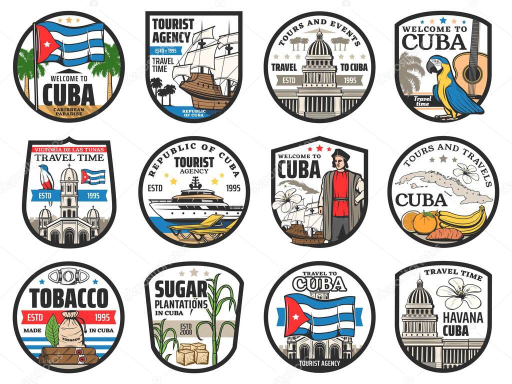 Cuba travel, Havana landmarks and city tours vector icons. Welcome to Cuba, history and culture tourism, sugar plantations and tobacco cigars, sea cruise and beach resort signs