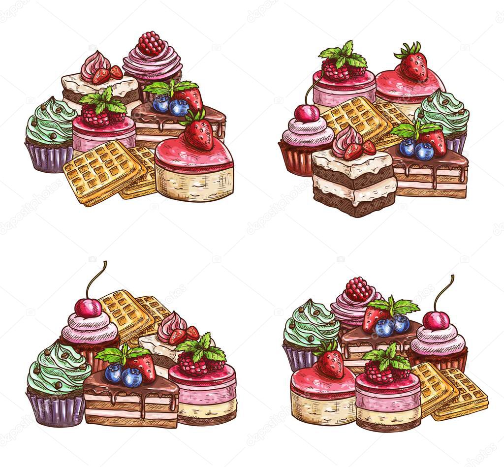 Desserts and cakes, vector sketch bakery, pastry and confectionery sweets. Patisserie food tarts and cupcakes with berry toppings, waffles and cream muffins, chocolate brownie, tiramisu and cheesecake