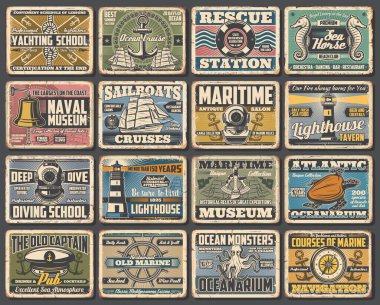 Denizcilik ve deniz klasik retro vektör posterleri. Deniz dalışı ve yat okulu, deniz gemileri deniz feneri müzesi ve Atlantik okyanusu, deniz seyrüsefer ve sahil cankurtaran istasyonu.