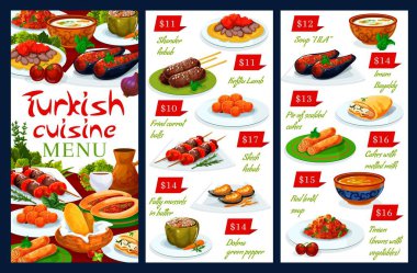 Türk mutfağı ulusal gıda vektörü otantik restoran menüsü. Türk iskender ve şiş kebap, kuzu eti kofte, kızarmış havuç köftesi ve hamurda yağlı midye, yeşil biber dolma ve çorba illa