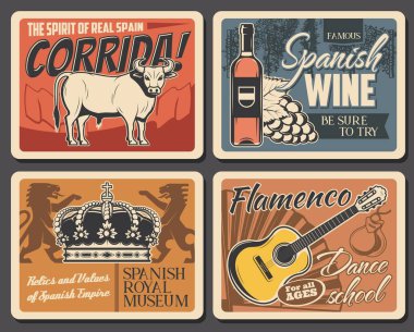 İspanya seyahati ve geleneksel kültür turizmi, vektör vintage retro posterleri. İspanyol gelenekleri ve simgeleri, Madrid corrida, flamenko dans okulu, İspanyol kraliyet müzesi ve şarap tatma turları