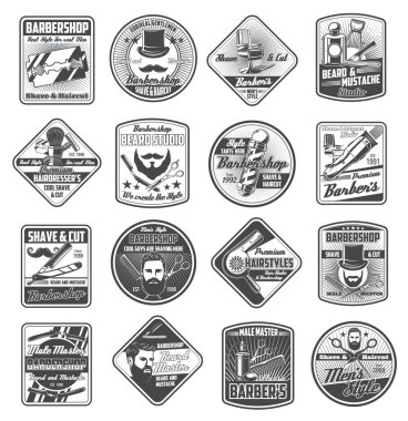 Berber dükkanı sakalı ve bıyık vektör işaretleri, hippi ve centilmen saç kesim salonu. Birinci kalite berber direği tabelası ve şapka, jilet, makas ve tarak, tıraş fırçası ve budama makinesi.