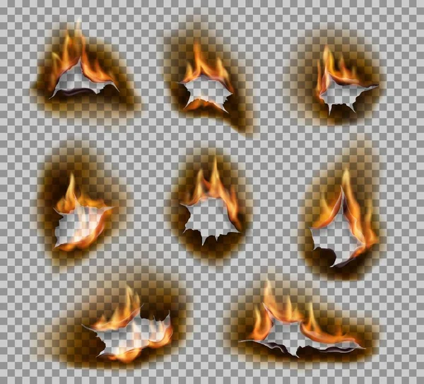 燃烧孔与火焰现实的矢量设计 在透明的背景上用焦灼和开裂的边缘 灰烬和褐色的烧伤 火焰和火焰焚烧纸孔 — 图库矢量图片