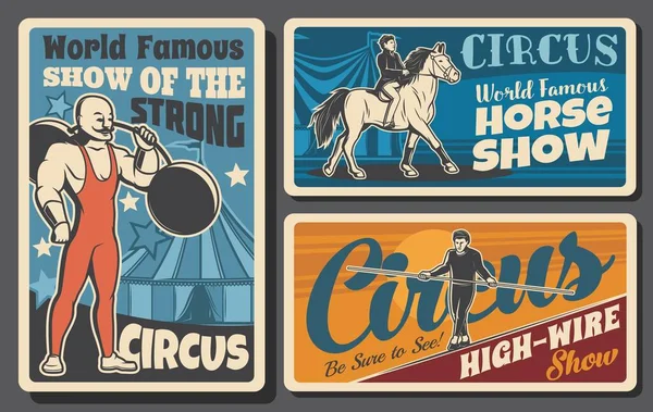 Circus Kermis Carnaval Entertainment Show Vector Vintage Retro Posters Shapito — Stockvector