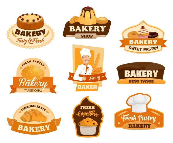 面包店病媒图标 糕点甜点和糕点糕点店标志 面包面包圈 羊角面包和面包面包 甜布丁和巧克力杯蛋糕 甜甜圈和松饼 — 图库矢量图片