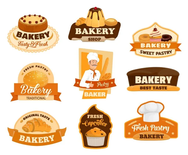 Panadería Tienda Iconos Vectoriales Postres Pastelería Pastelería Pasteles Tienda Signos — Vector de stock