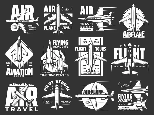 Aviación Viajes Aéreos Iconos Vectoriales Aviones Vuelo Tours Avión Piloto — Archivo Imágenes Vectoriales