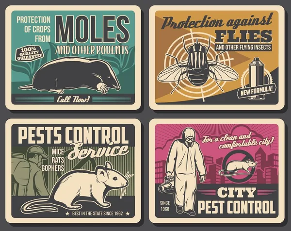 Servicio Control Plagas Pósters Retro Vectoriales Desinsectación Insectos Exterminio Deratización — Archivo Imágenes Vectoriales