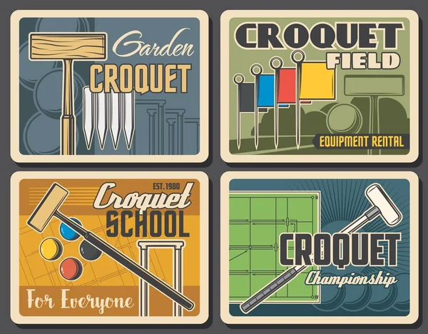 Croquet Kejuaraan Dan Tim Sekolah Vektor Poster Vintage Taman Klub - Stok Vektor