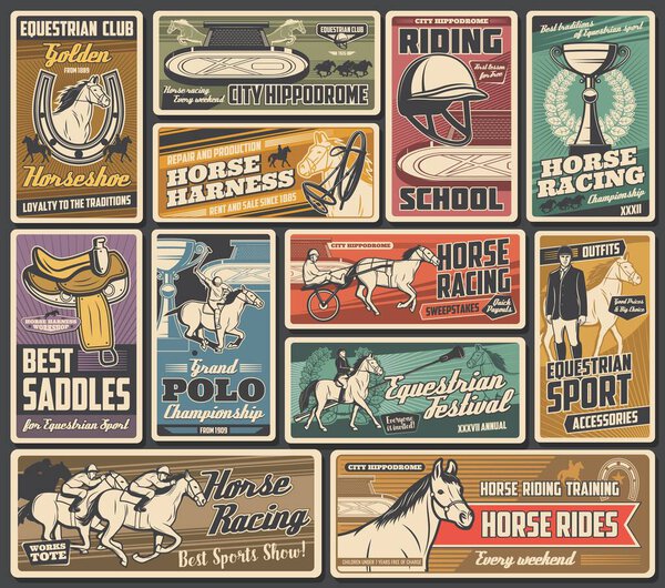 Horse races, jockey polo and equestrian sport championship cup, vector vintage posters. Horse racing rider equipment saddles, whips and harness store, horse chariots tournament and riding school