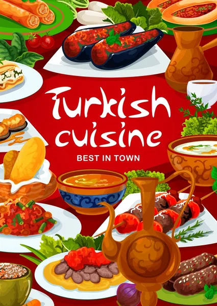 トルコ料理レストランメニュー トルコの国民食魚ベクトルポスター トルコの伝統的なイスケンダーと料理ケバブ肉 Imam Bajaldi 赤レンズ豆スープと野菜とティニアンビーンズ — ストックベクタ