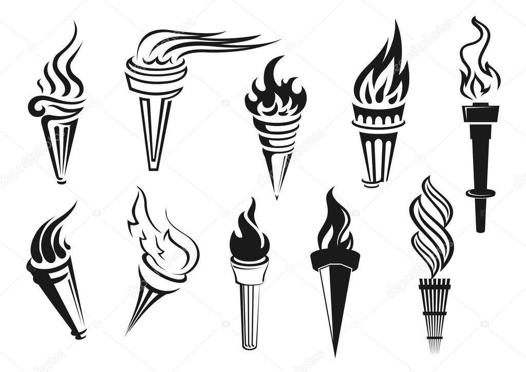 Torch, vector icons of sport game cup and championship victory symbol. Fire torch with burning flame light with modern and ancient handle, leadership and success sign